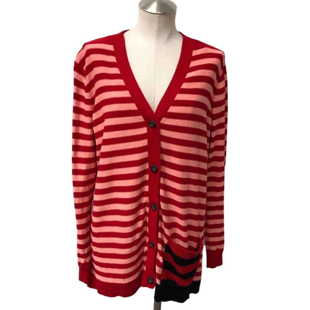 Cabi Cardigan Womens XL Red Pink Striped Button Front Cotton V-Neck 5446